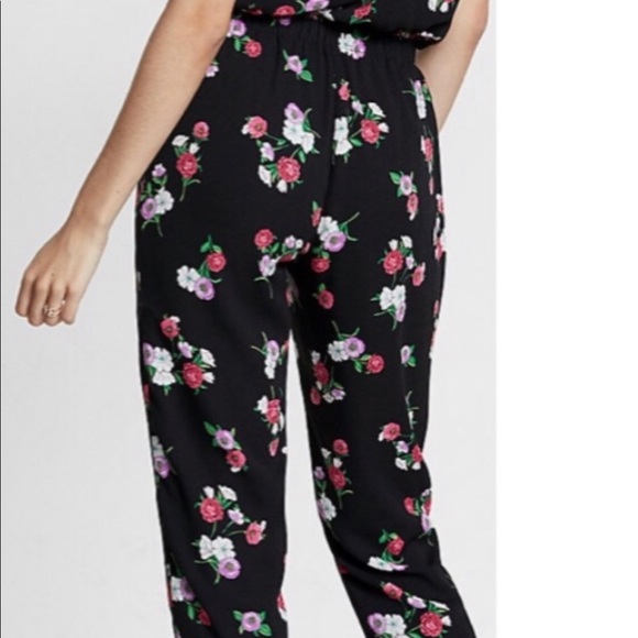 Express off the shoulder black floral lined jumpsuit elastic waist NEW - Picture 7 of 14